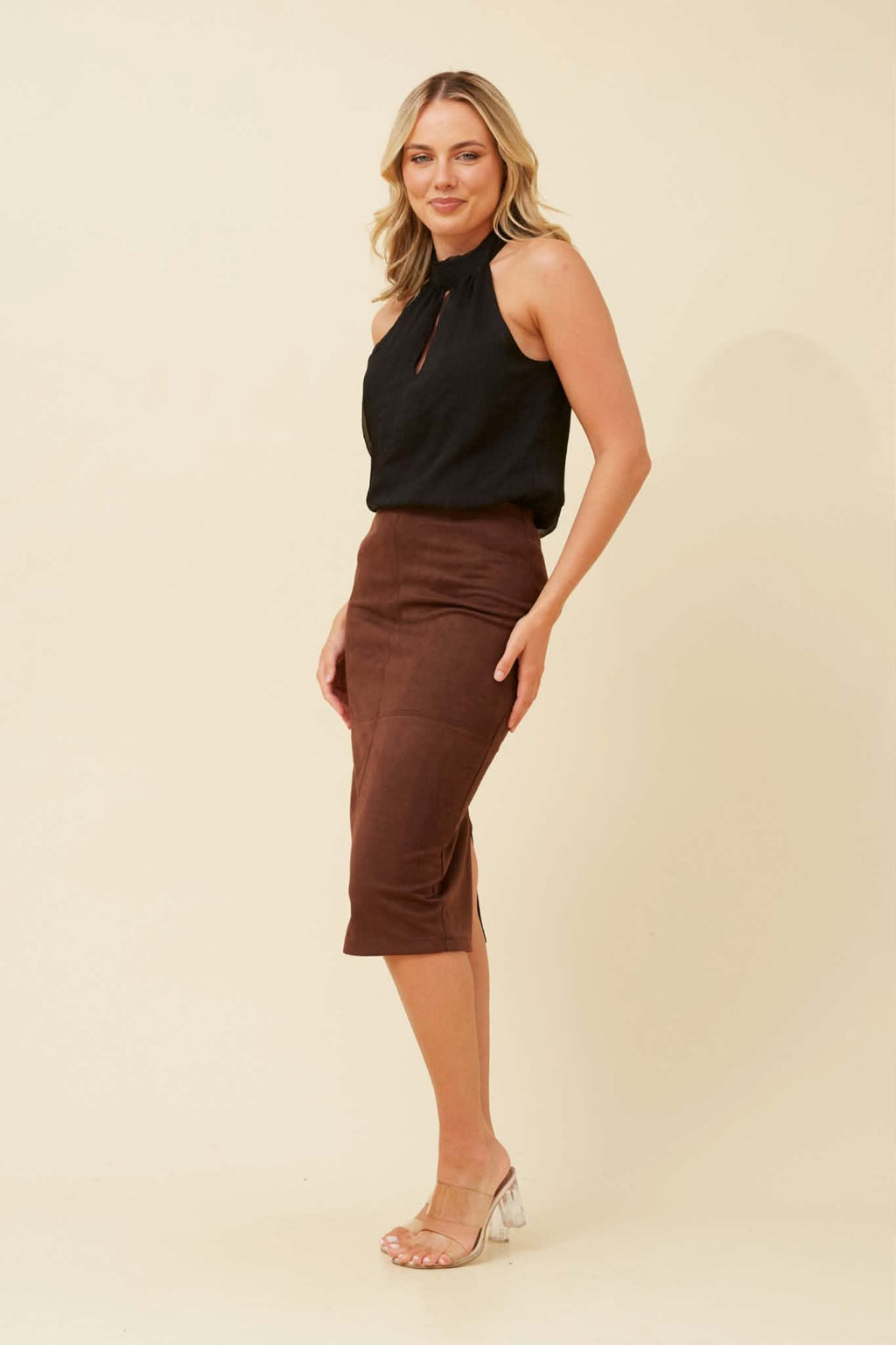 ZINIA FAUX SUEDE SKIRT - Chocolate