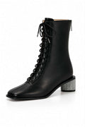 Stunner Leather Boots with Bling Heel - Black