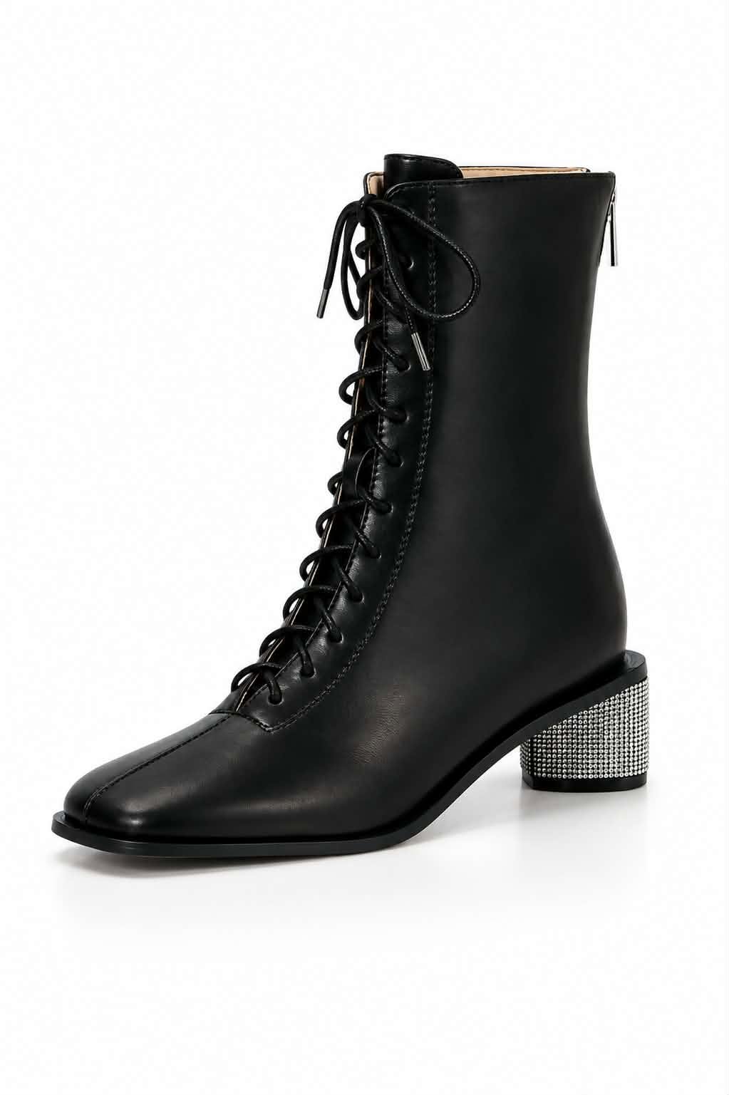 Stunner Leather Boots with Bling Heel - Black
