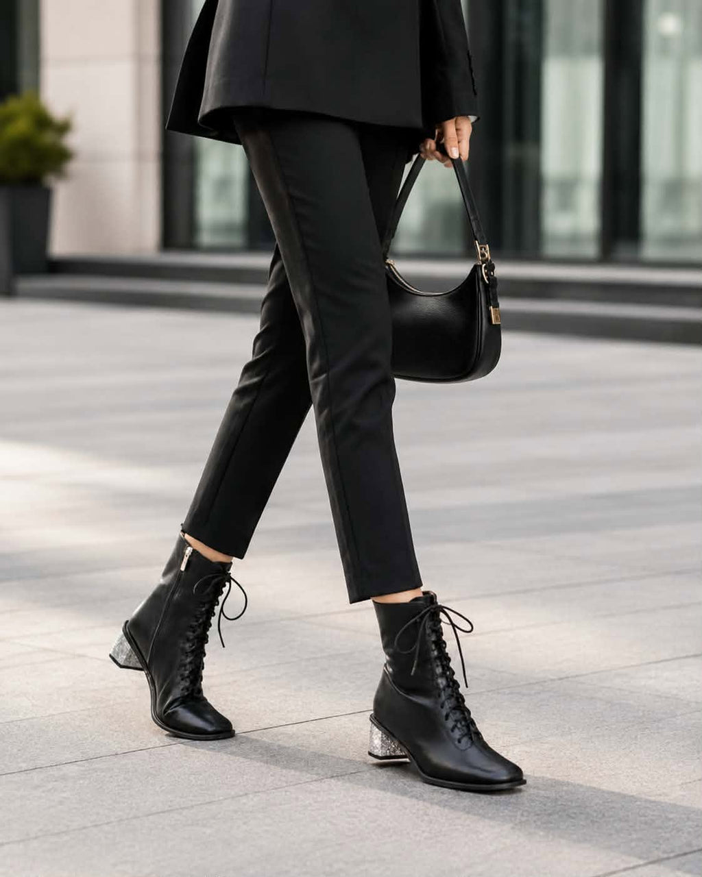 Stunner Leather Boots with Bling Heel - Black