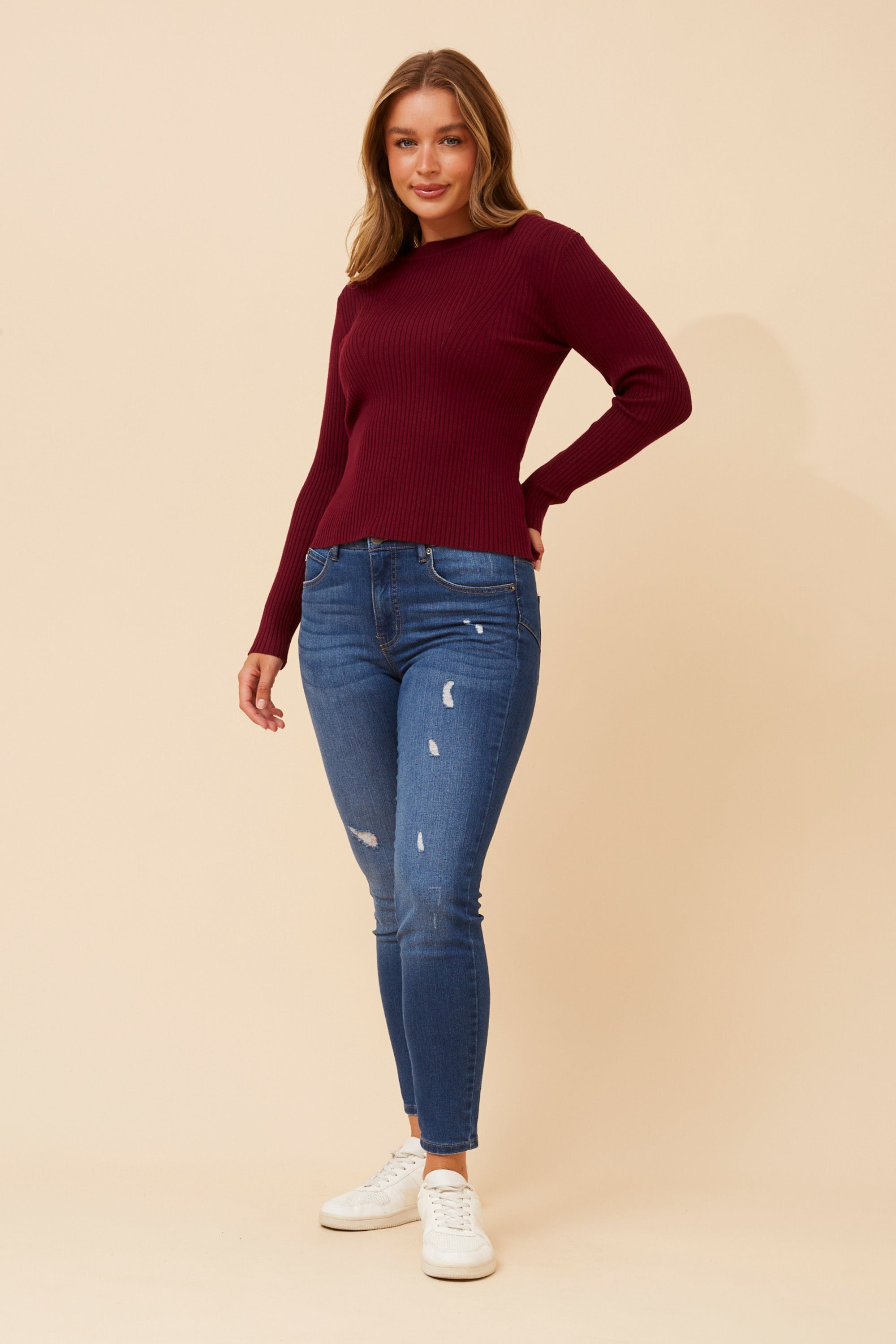 CARLETTA SOLID KNIT PULLOVER - Red Dahlia